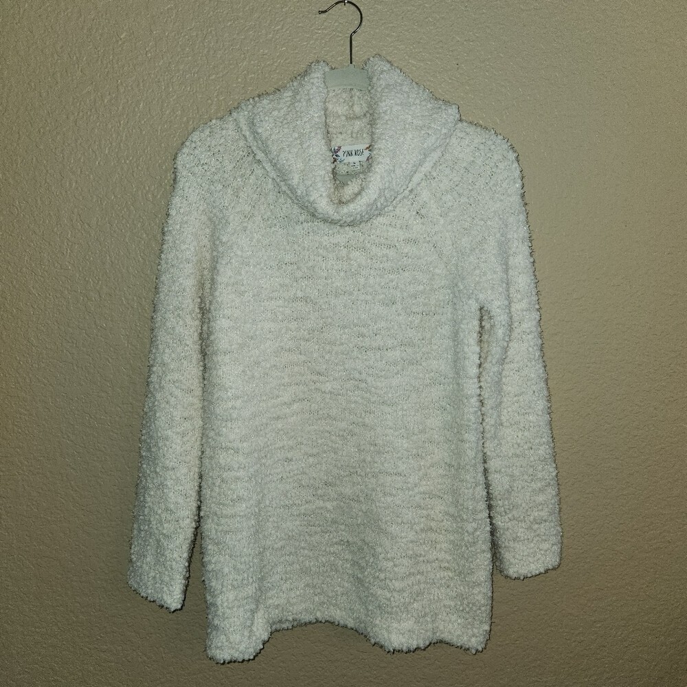 Pink Rose Cowl Neck Boucle Knit Cozy Sweatercream Color Womens Size L - Picture 1 of 6